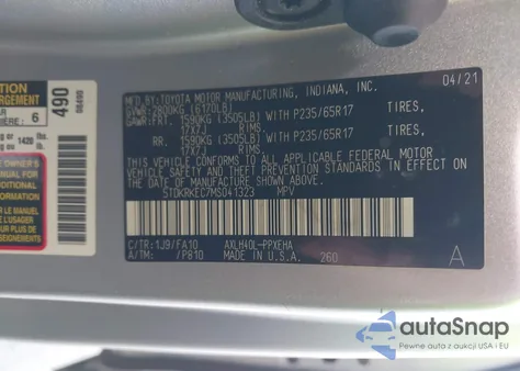 2021 Toyota Sienna Le z USA, uszkodzony, nr VIN 5TDKRKEC7MS041323